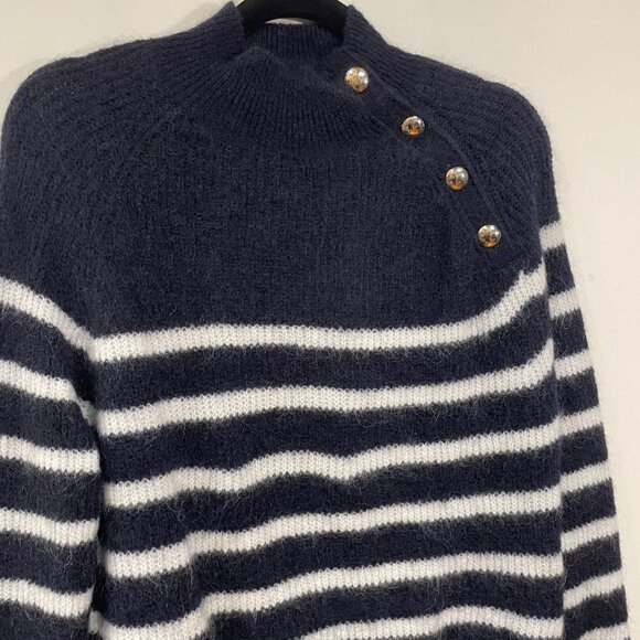EUC Sezane Trudy Wool Mohair Button Detail Sweater Navy White XXS - Picture 5 of 9